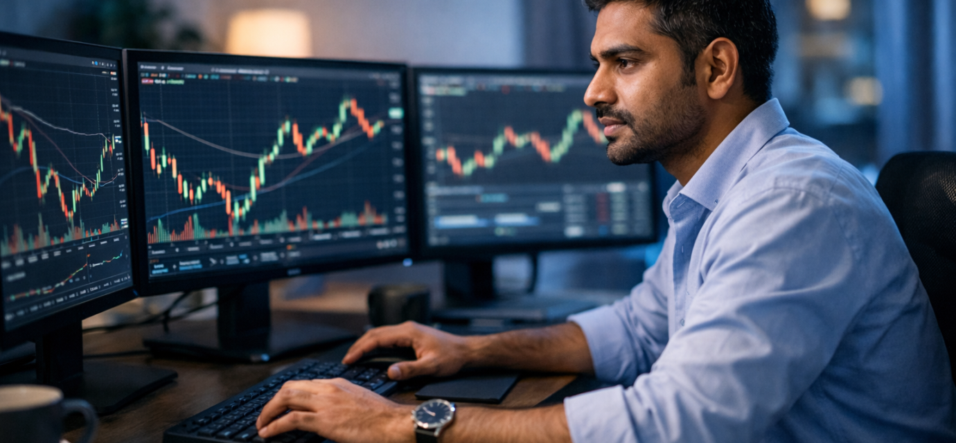 Professional forex trader analyzing currency charts on multiple monitors