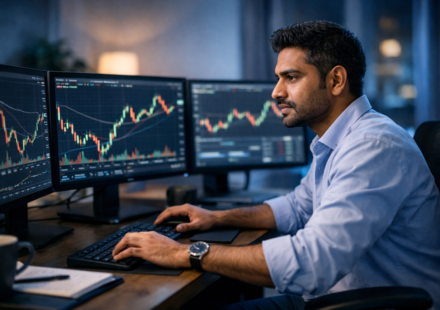 Professional forex trader analyzing currency charts on multiple monitors