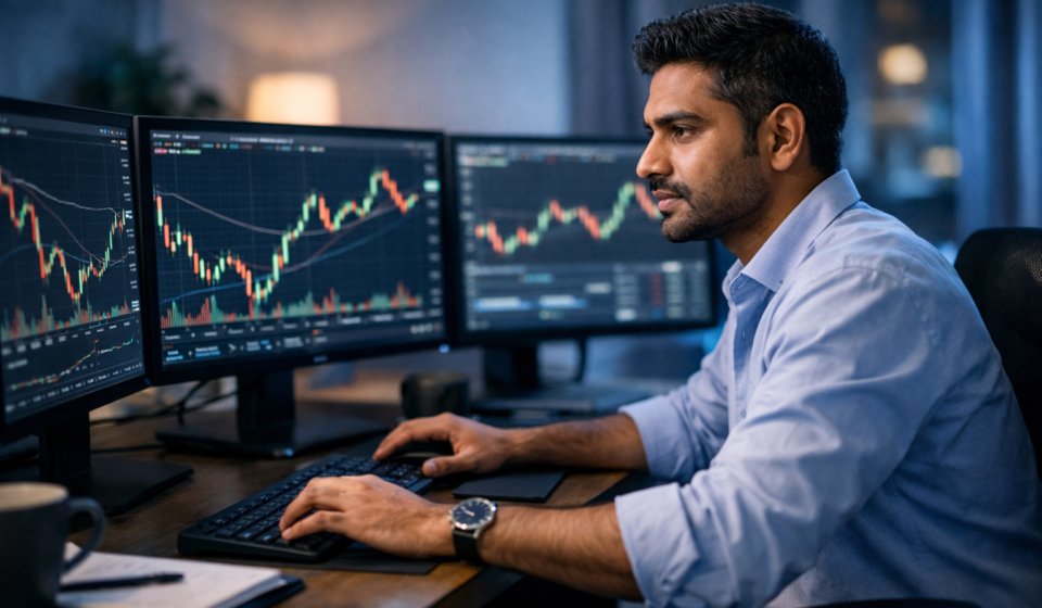 Professional forex trader analyzing currency charts on multiple monitors